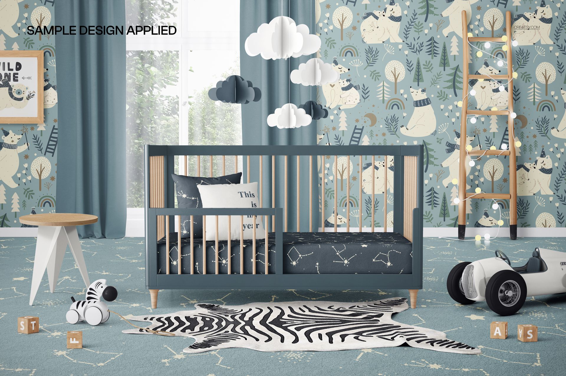 Nursery scene featuring a convertible crib with toddler rail, whimsical wallpaper, and decorative props, PSD mockup.