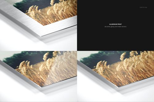 Closeup views of aluminum print mockups showing brushed, glossy, and matte finishes with a nature photo.