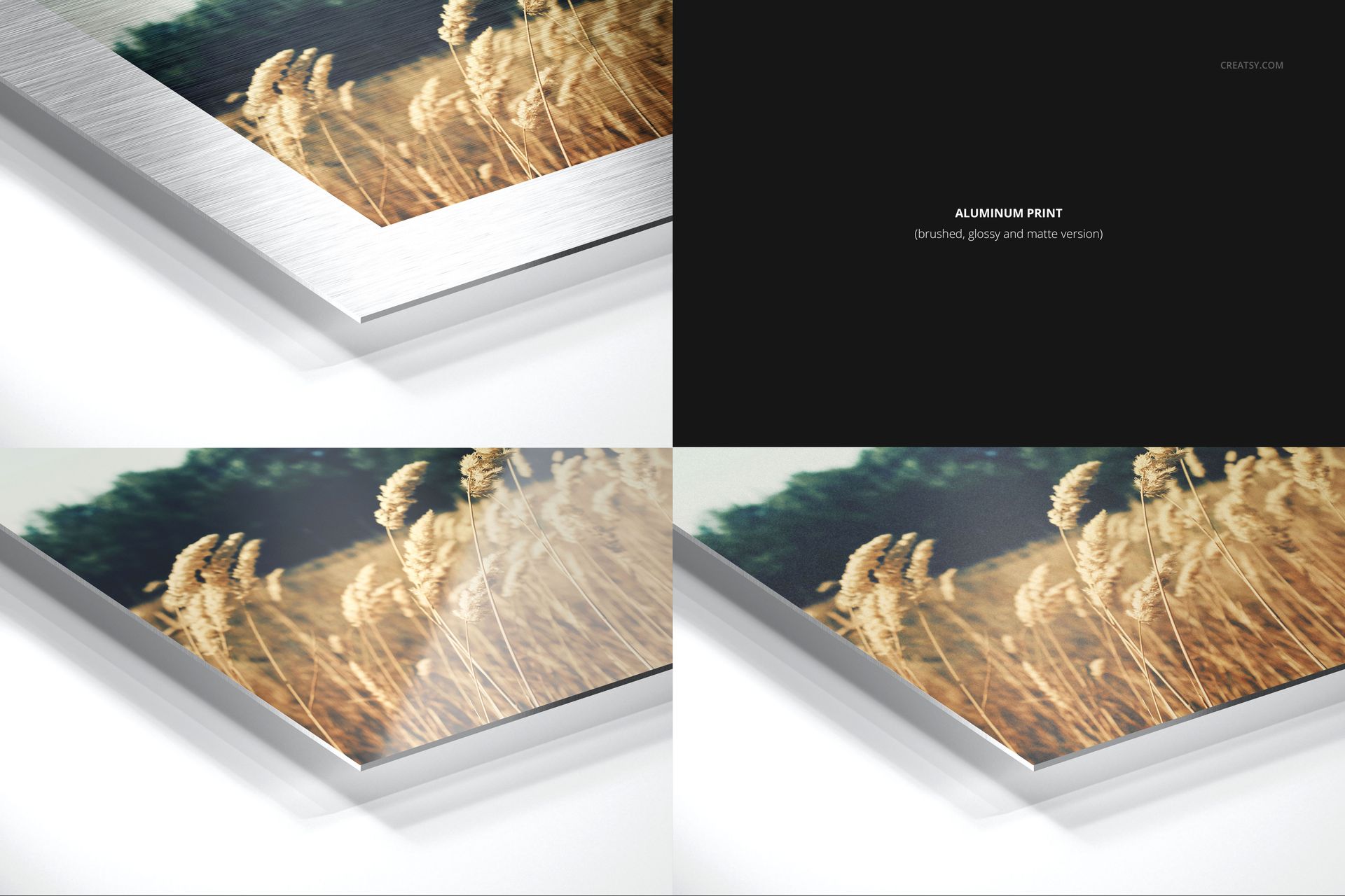 Closeup views of aluminum print mockups showing brushed, glossy, and matte finishes with a nature photo.