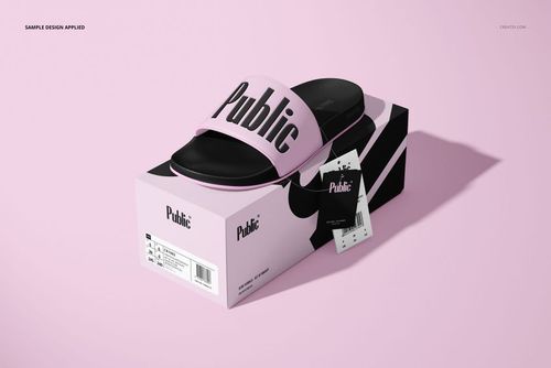 Black and pink slide sandal mockup shown on a custom box with product tag, set on a pastel pink surface.