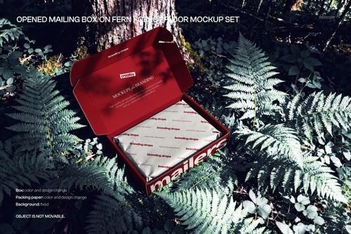 Open red mailing box mockup placed on green fern leaves in a forest setting, viewed from above.