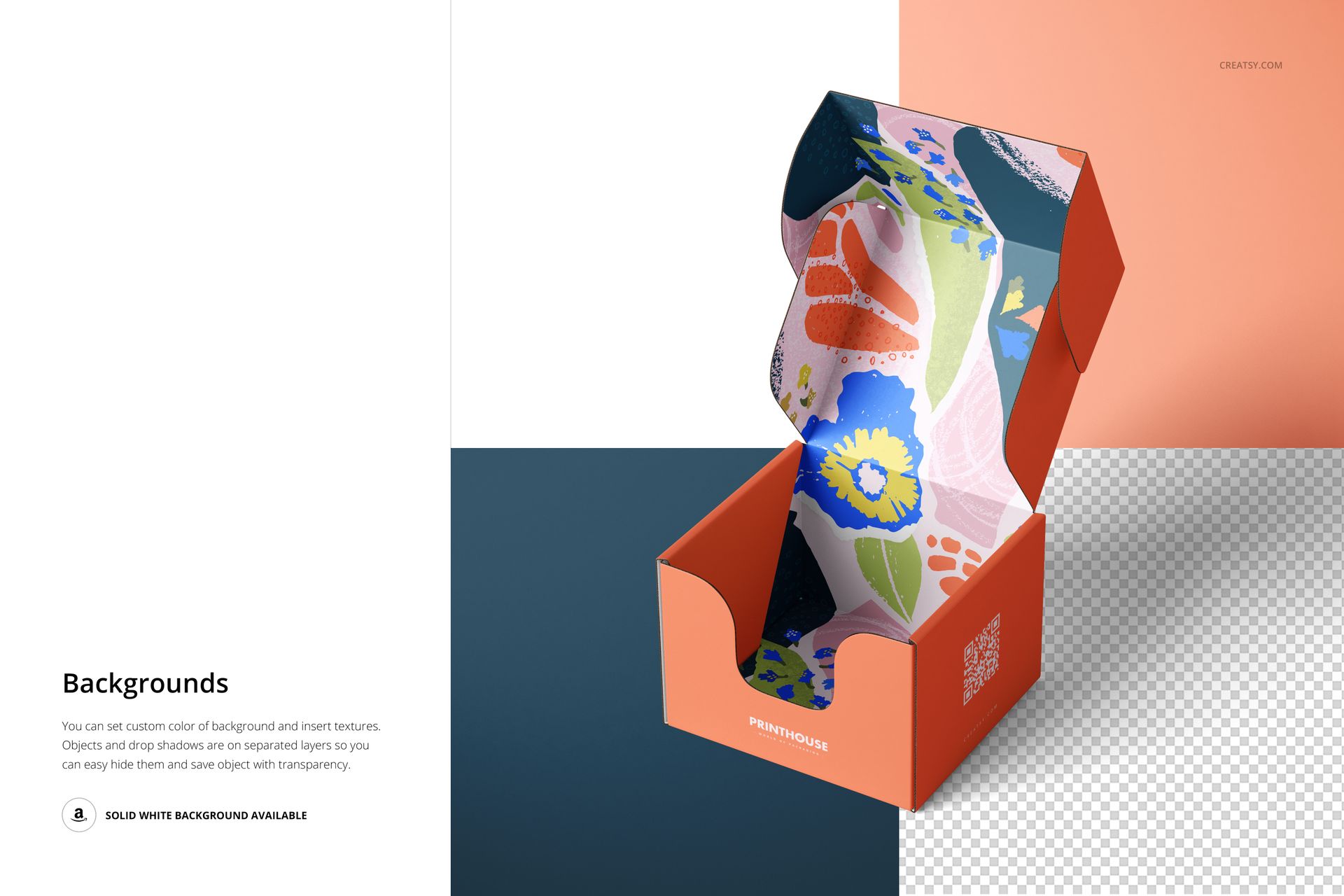 Open mailer box mockup with orange sides and vibrant floral interior design, displayed on a multi-color background.