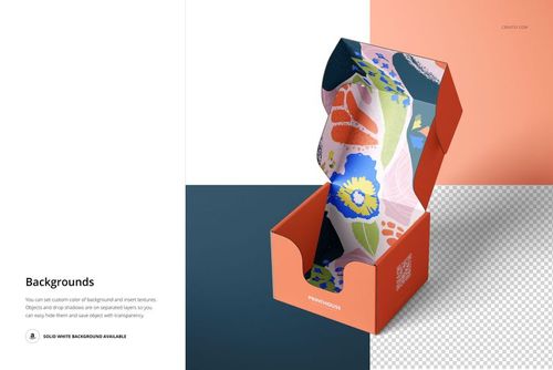 Open mailer box mockup with orange sides and vibrant floral interior design, displayed on a multi-color background.