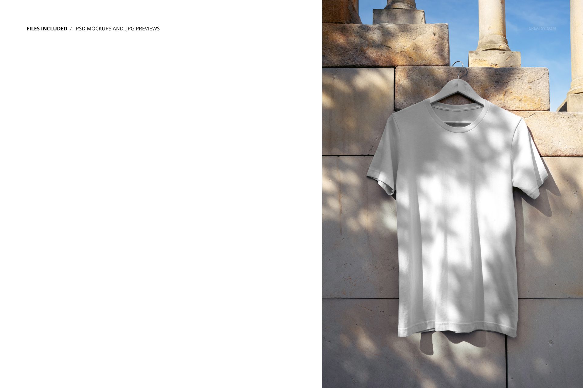 Plain white t-shirt displayed on a hanger in front of a textured stone wall, sunlight casting soft shadows, PSD mockup.