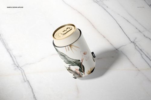 Floral neoprene can cooler mockup featuring a beverage can on a light marble background, viewed from above.