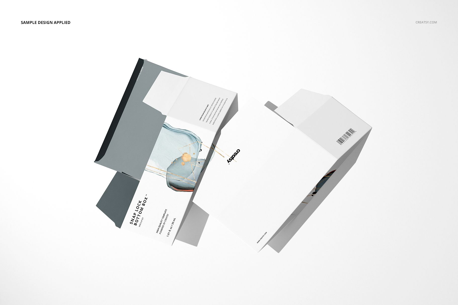 PSD mockup of snap lock bottom boxes featuring clean lines and abstract pattern, viewed from a slightly elevated perspective.