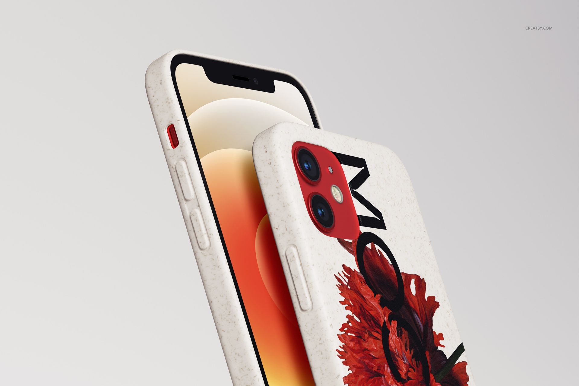 iPhone 12 bio eco case mockup showing a close-up of the phone with a bold red flower print and cream background.