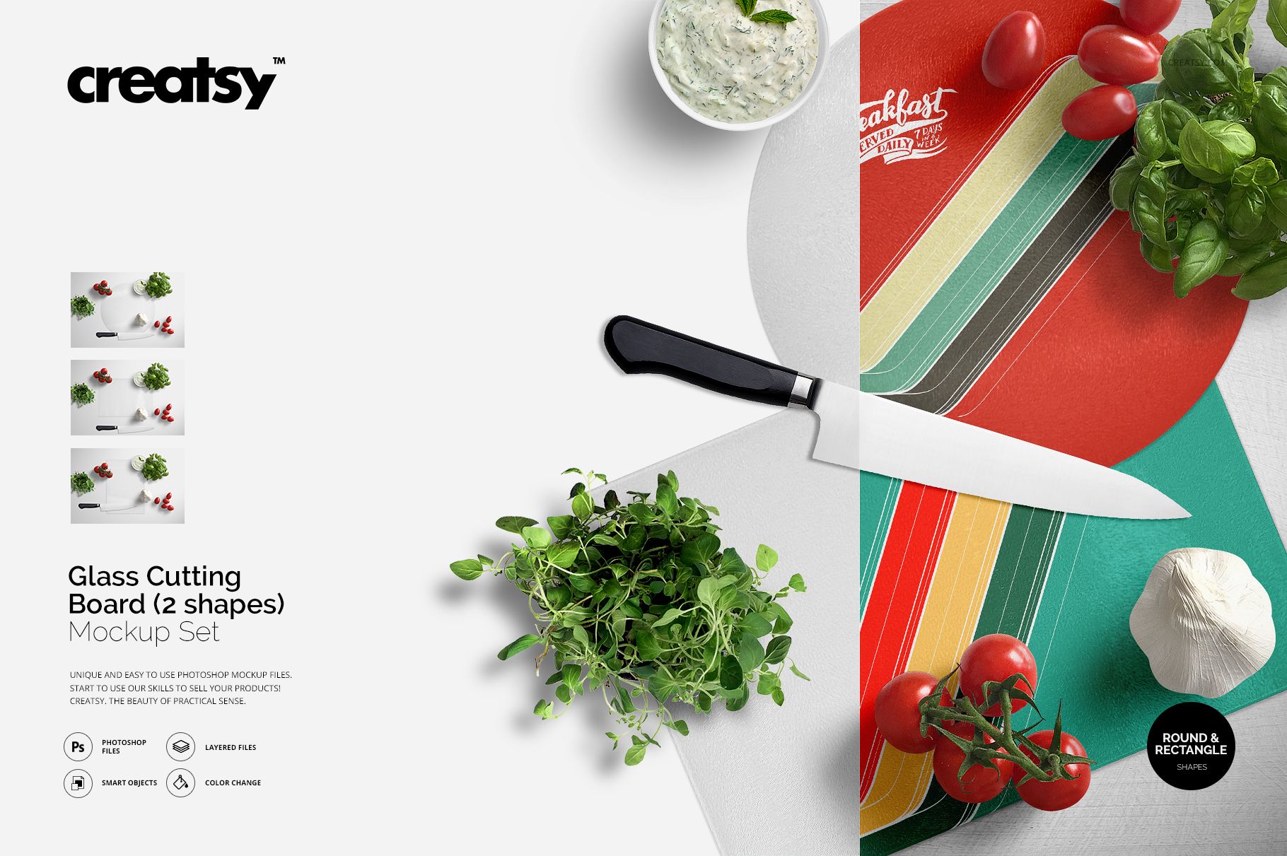 Circular and rectangular glass cutting boards mockup with vibrant patterns, surrounded by fresh tomatoes, herbs, garlic, and a knife.