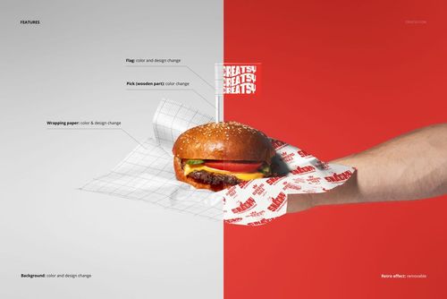 Hand holding a burger wrapped in printed paper mockup, with split background showing editable design features.