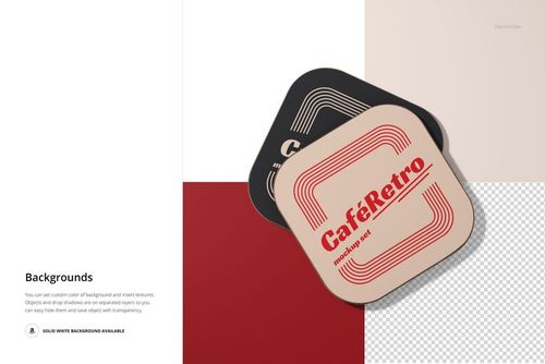 Two square wooden coasters with rounded edges, one beige with red text and one black, shown from a top view on a geometric background.