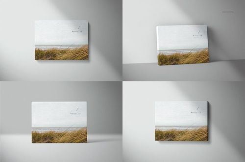 PSD mockup set showing thick rectangular canvas prints with nature scene, arranged standing and hanging on a wall.