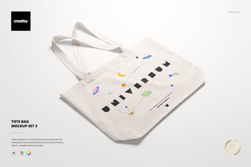 Weekender tote bag mockup shown from above, decorated with colorful planets, stars, and whimsical shapes.