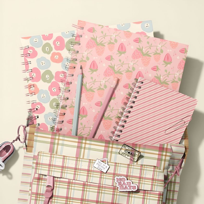 School backpack mockup with spiral notebooks featuring floral, strawberry, and striped patterns in soft pastel colors.