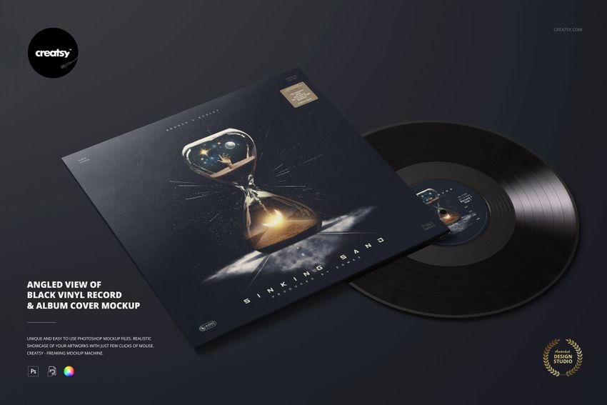 Black vinyl record and album cover mockup displayed at an angle, featuring a modern dark-themed artwork and gold details.