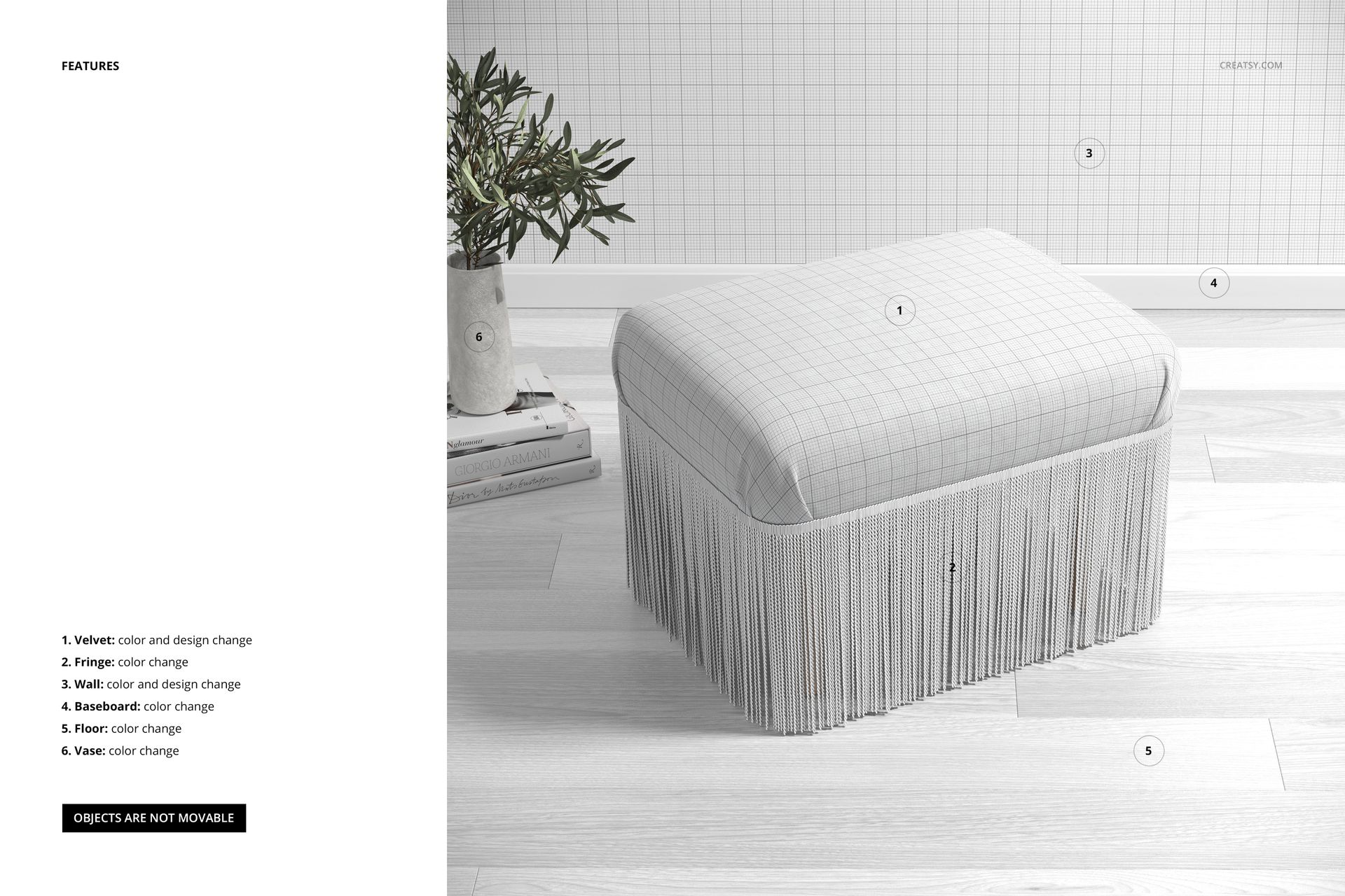 Mockup of a velvet stool with textured seat and fringe, set in a bright room with grid wallpaper and plant decor.