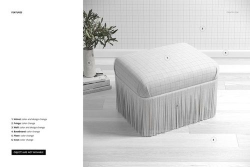 Mockup of a velvet stool with textured seat and fringe, set in a bright room with grid wallpaper and plant decor.