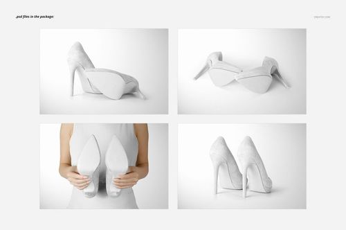 High heels mockup set featuring white shoes displayed from various angles, including close-up of soles and side views.