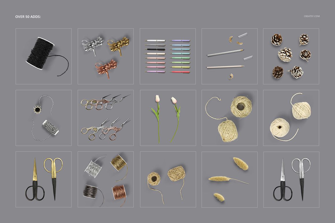 Assorted wrapping tissue paper mockup accessories including twine, scissors, ribbons, and decorative props on a gray background.