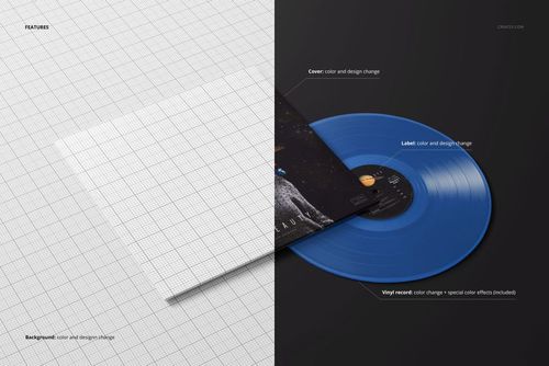 Translucent blue vinyl record mockup shown from a top angle, half on a grid background, half on black.
