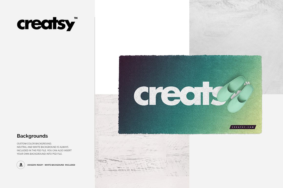 Rectangular rug mockup with a gradient green and teal design, viewed from above, paired with matching slippers.