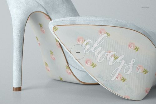 High heels mockup showing white shoes with pink rose pattern and handwritten text on the soles, side and bottom view.