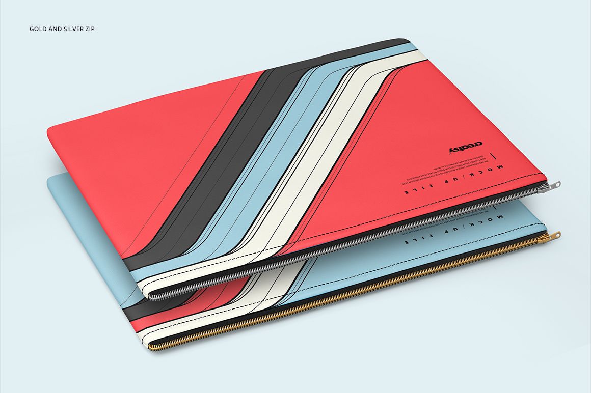 Stacked accessories pouch mockup set featuring colorful diagonal stripes and visible gold and silver zippers.