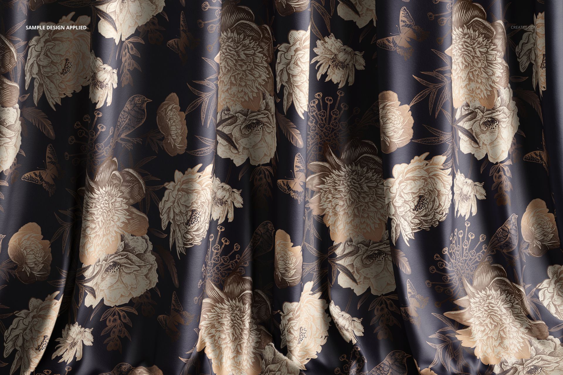 Velvet fabric mockup featuring a dark background with detailed floral and butterfly patterns, shown in a front view.