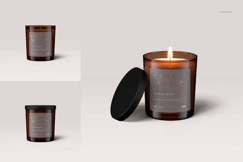 Set of amber glass jar candles with matte lids, featuring a cotton wick and minimalist label, displayed in mockup views.