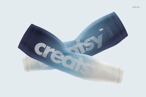 Mockup of arm compression sleeves with a gradient design in dark blue and white, shown from a front perspective.