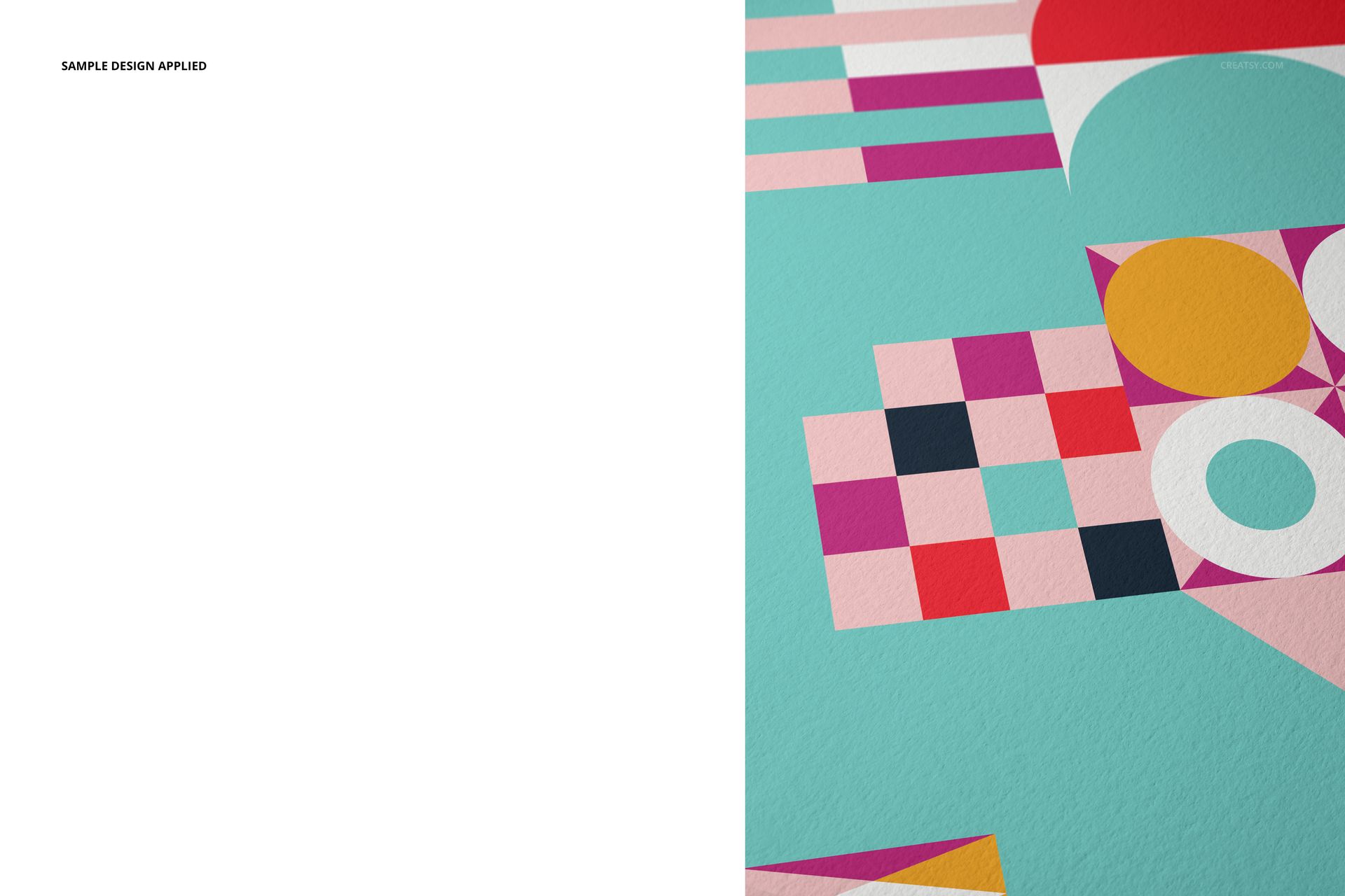 Close-up of a fine art print mockup with geometric shapes in pink, yellow, white, and turquoise colors.