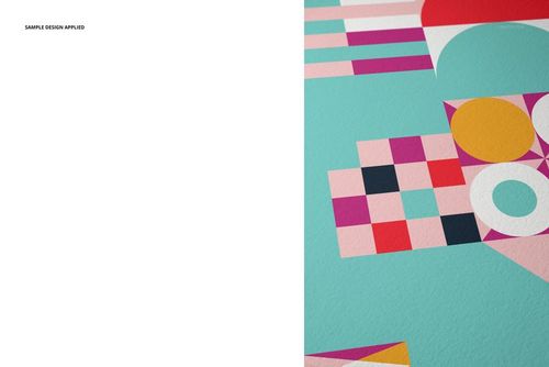 Close-up of a fine art print mockup with geometric shapes in pink, yellow, white, and turquoise colors.