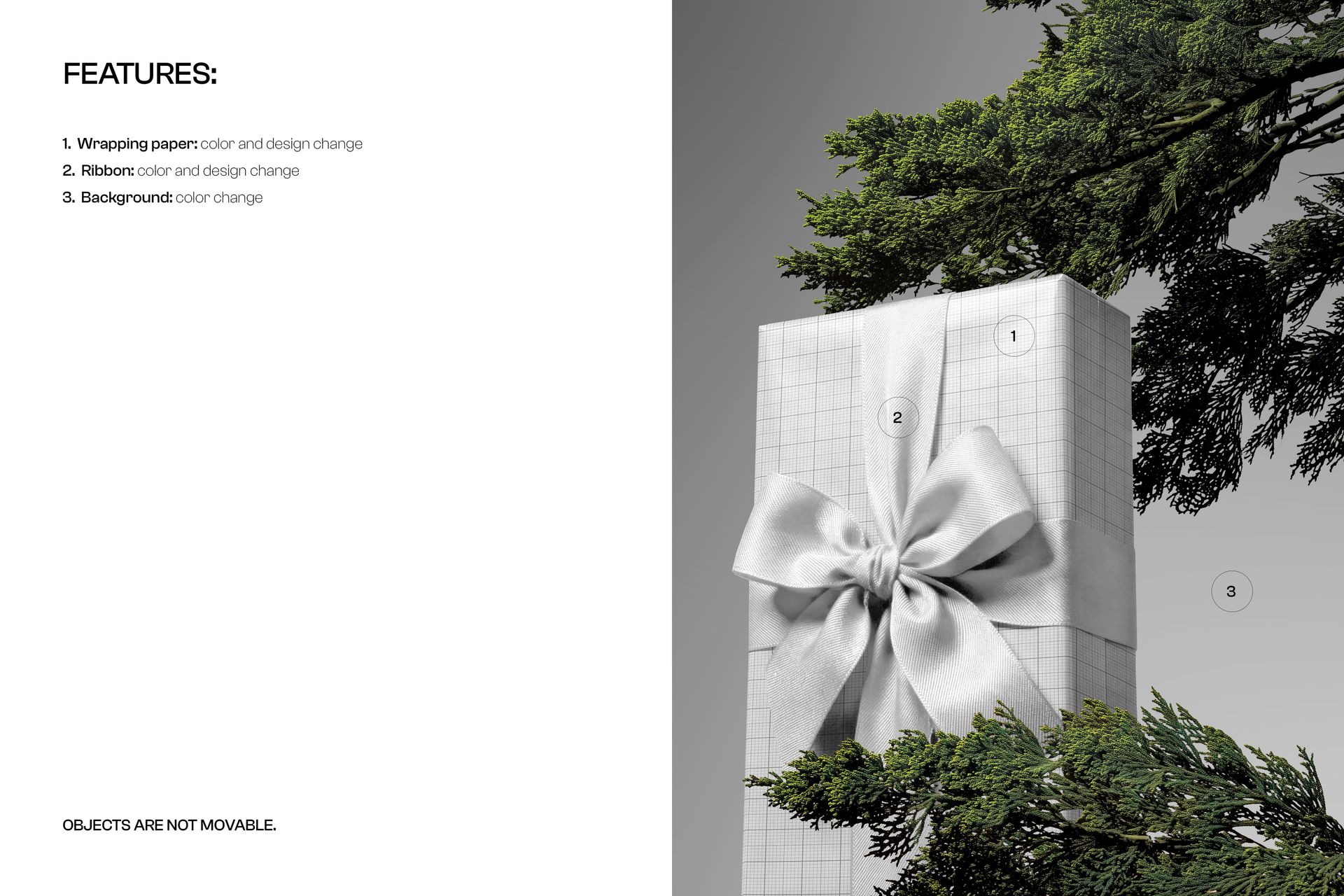 Front view of a tall gift box mockup with a large satin ribbon, grid patterned wrapping, and pine tree branches.