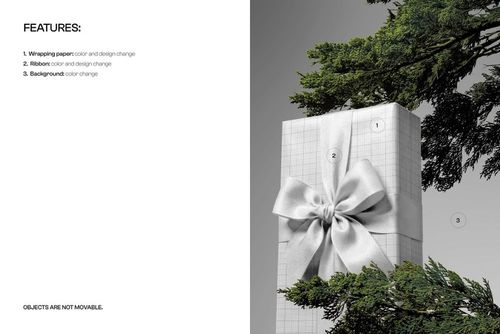 Front view of a tall gift box mockup with a large satin ribbon, grid patterned wrapping, and pine tree branches.