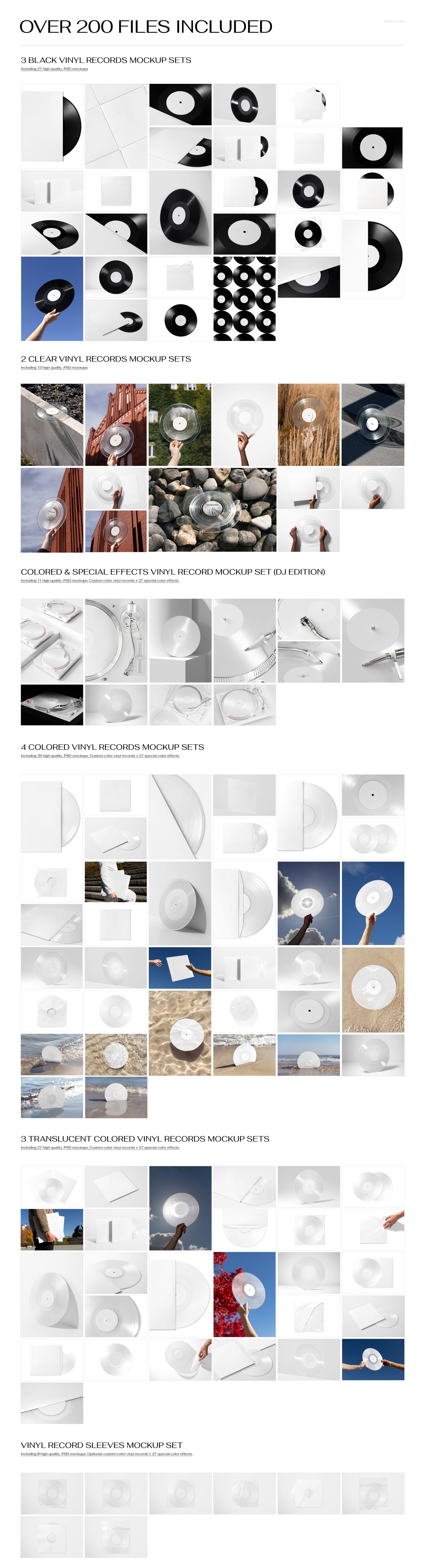 Various vinyl record mockups displayed in different settings, featuring classic black, clear, and colored records.