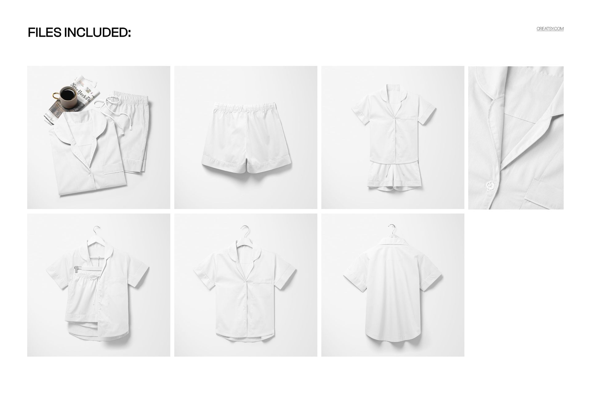 Short-sleeve pajama top and shorts mockup set displayed in multiple layouts, white fabric, front and flat views.