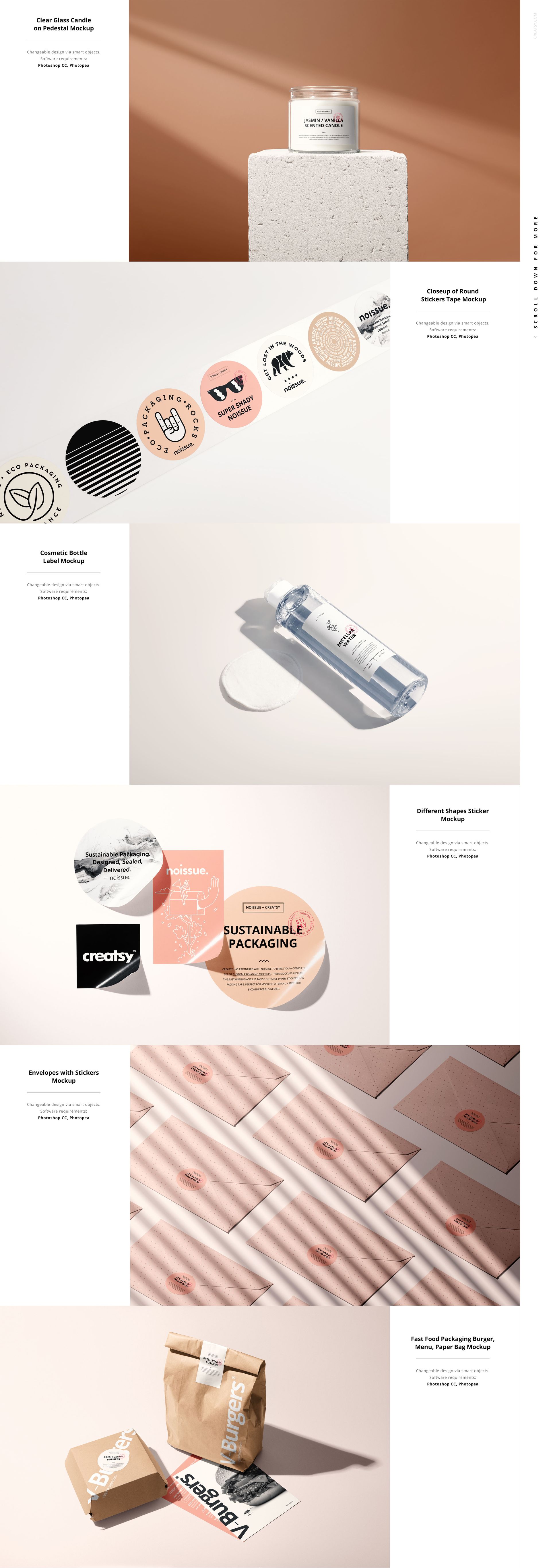 Various round and rectangular stickers in neutral and pastel tones displayed on packaging and surfaces in a mockup scene.