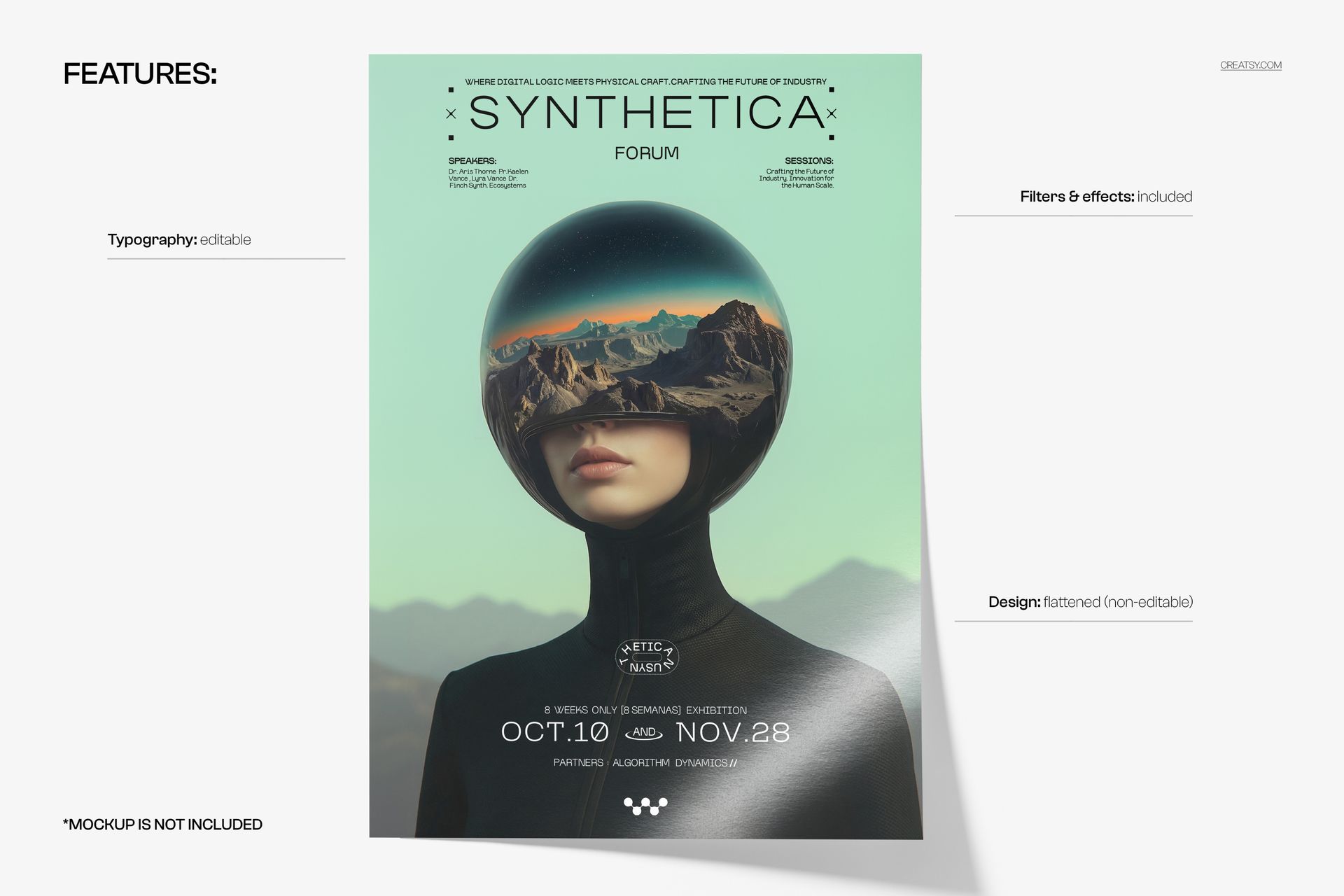 Poster mockup with a surreal design featuring a faceless figure and a reflective sphere, shown in front view on a light background.