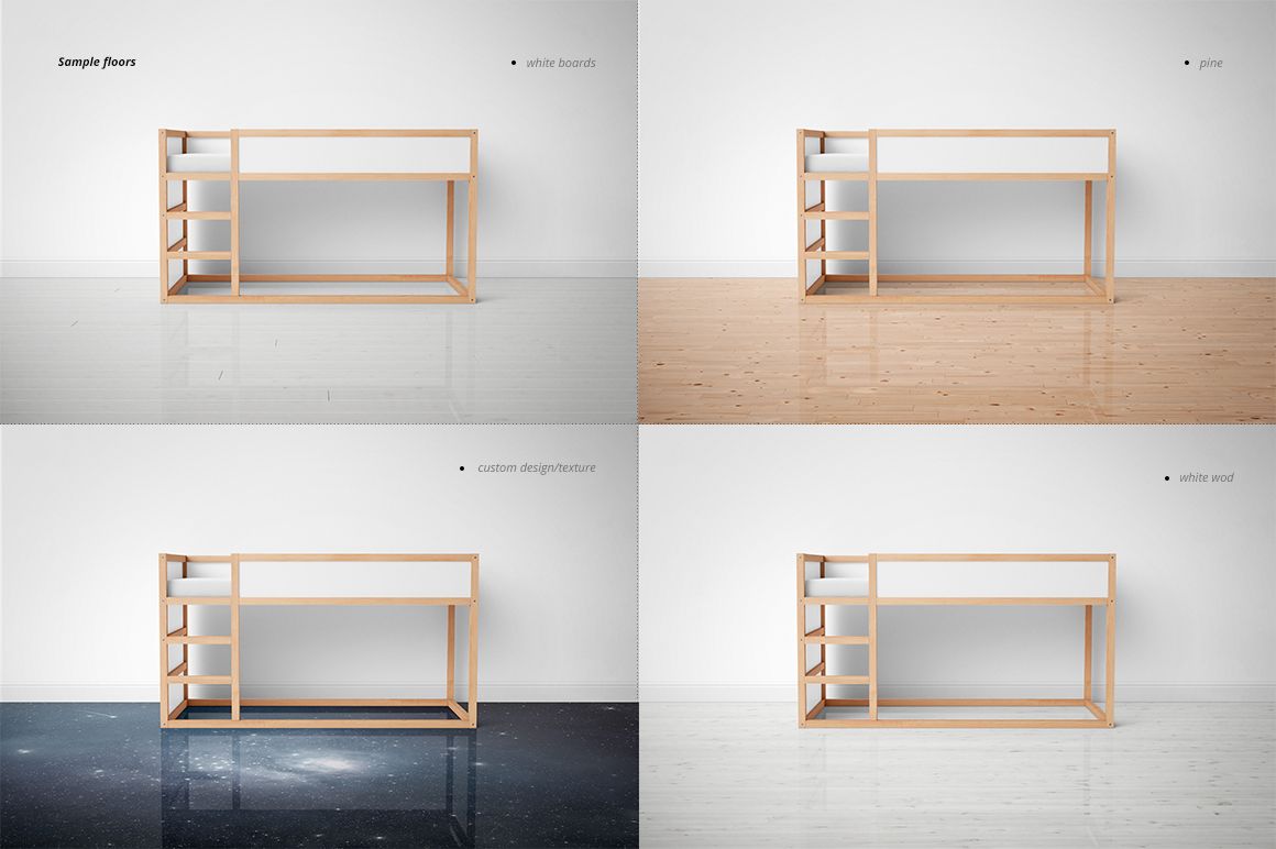 Kids bedroom mockup featuring a wooden loft bed frame shown against four different floor textures and wall backgrounds.