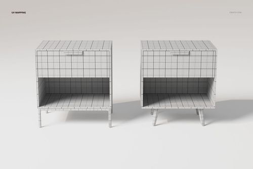 Two mid-century modern night stands with open shelves and grid wireframe texture, shown from a front angle on a plain background.