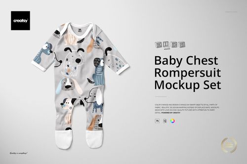 Front view of a baby chest rompersuit mockup with long sleeves, featuring playful animal patterns in pastel colors.
