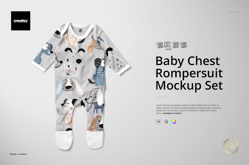 Front view of a baby chest rompersuit mockup with long sleeves, featuring playful animal patterns in pastel colors.