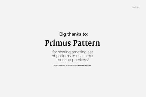 Text on a light gray background thanking Primus Pattern for providing patterns used in mockup previews.