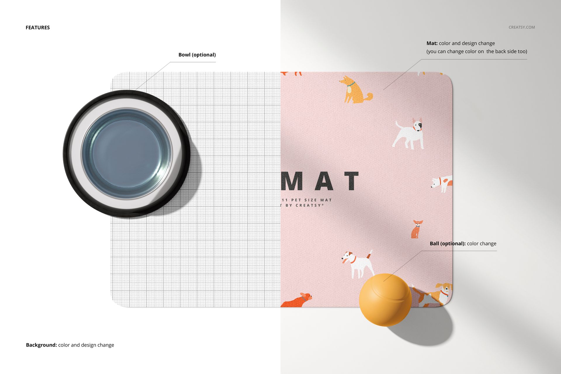 Top view of a rectangular pet door mat mockup with playful dog illustrations, split background, bowl and ball props.