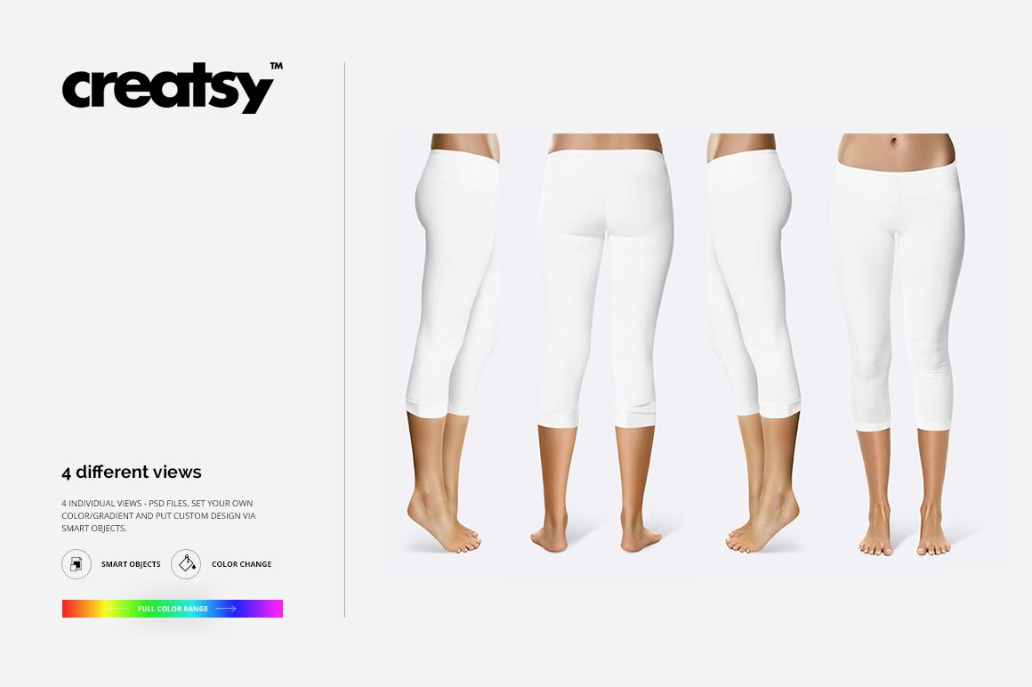 White cropped leggings mockup displayed in four perspectives, including front, back, and both side angles on a neutral surface.