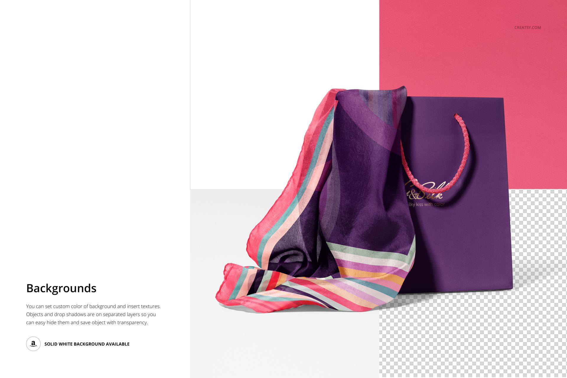 Habotai silk scarf with vibrant pink, purple, and striped pattern draped over a purple paper bag, front view mockup.