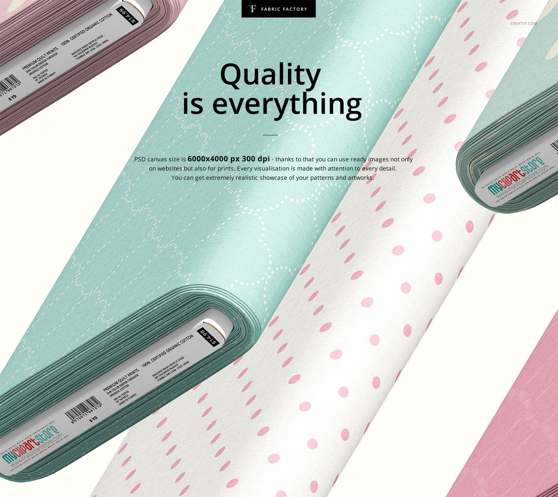 Fabric bolts builder mockup with cotton and jersey textures, showing close-up patterns in soft pink and blue colors.