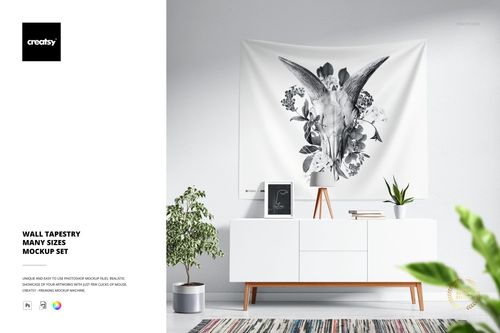Front view of a wall tapestry mockup featuring a monochrome bird and flower print, displayed over a minimalist cabinet.
