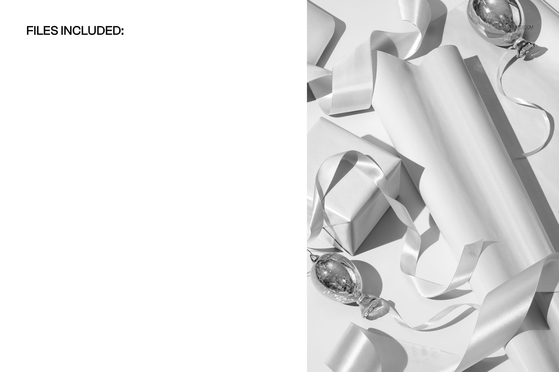 Christmas gift wrap rolls, satin ribbons, and ornaments arranged on a white surface in a PSD mockup scene.