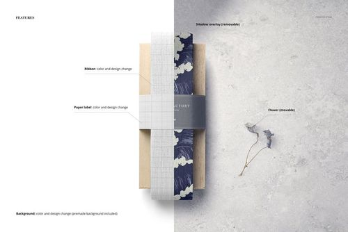 Wide cotton ribbon mockup featuring a textured white ribbon wrapped around a kraft box, shown from a top view on a split background.