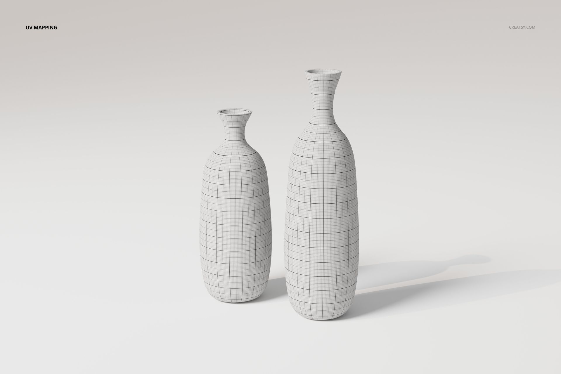 Front view of two clear glass vases with a tall, rounded shape, shown in a minimalist scene with grid texture mapping.